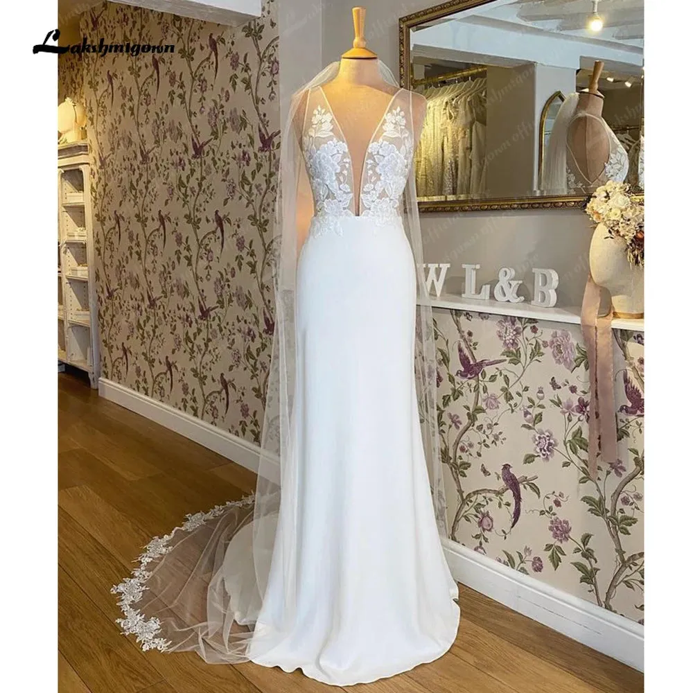 Lakshmigown Mermaid/Trumpet Deep V Neck Lace Wedding Gowns 2023 Soft Satin Boho Wedding Dresses Open Back vestidos de novia