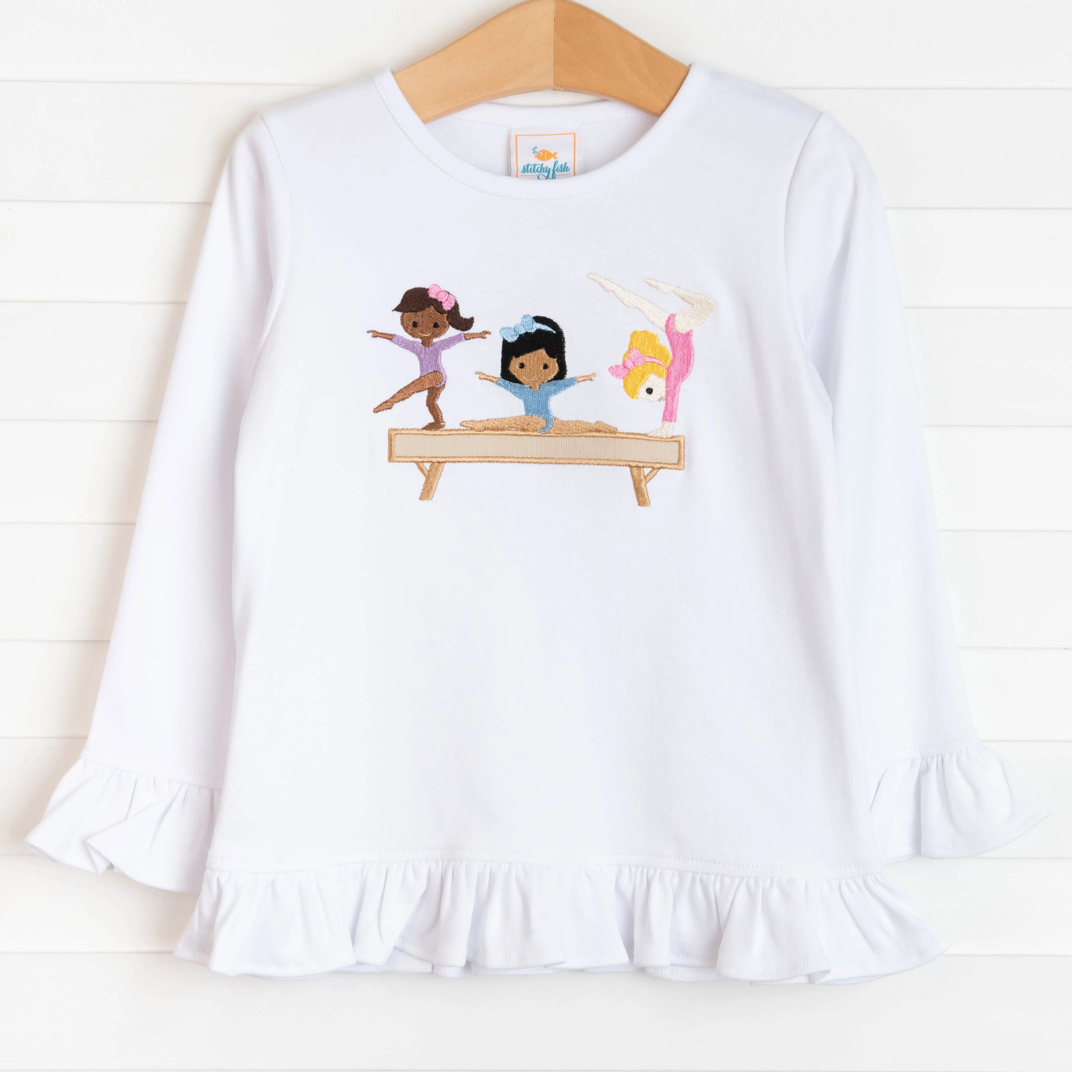 Tumble Time Applique Ruffle Shirt, White